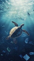 Fototapeta premium Sea Turtle Swimming Through Plastic Waste in Ocean, Symbolizing Pollution Threat to Marine Life with Space for Environmental Messaging