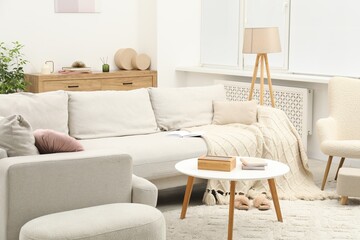 Light living room interior. Comfortable sofa with blanket and other furniture indoors