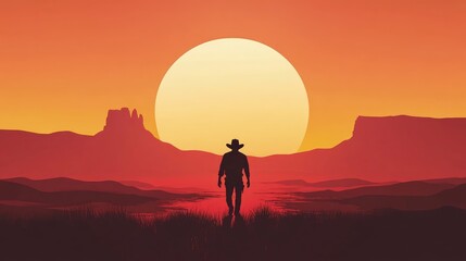Wild West Scene with Man Walking Towards Horizon Silhouetted Against Massive Setting Sun and Warm Evening Sky