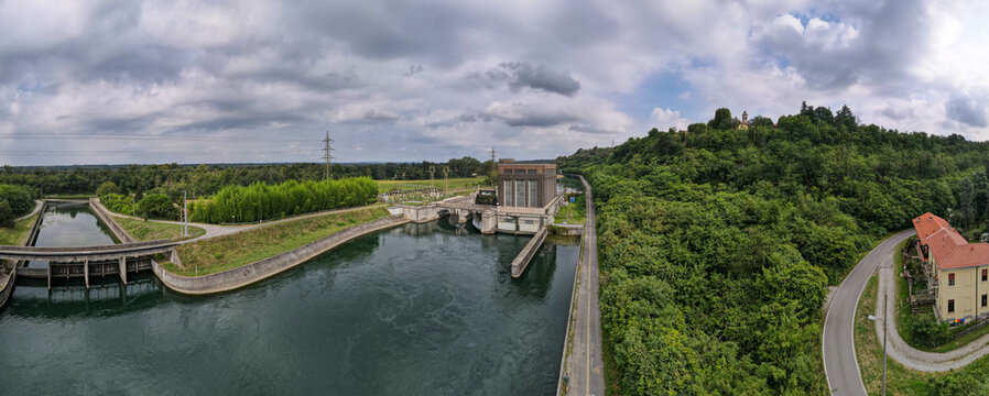 Drone view of the hydroelectric power station at Tornavento in Italy