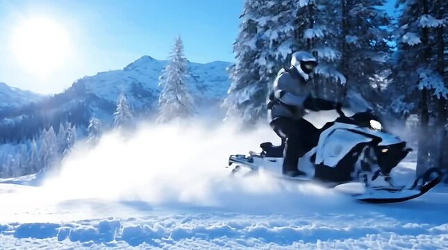 a person wearing a jacket riding a white snow motorbike performs maneuvers