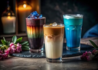 Iced White Chocolate Macchiato Menu with Colorful Beverages on White Background