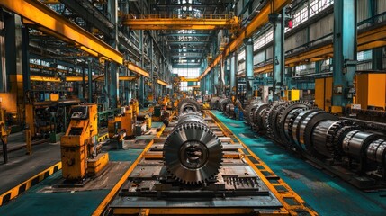 Obraz premium An assembly line where heavy machinery is being manufactured.