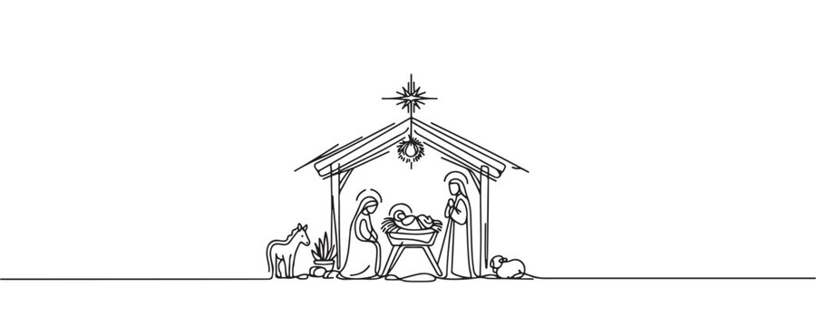 Baby Jesus lying in a manger in a stable. Biblical nativity scene. One line drawing. Vector illustration