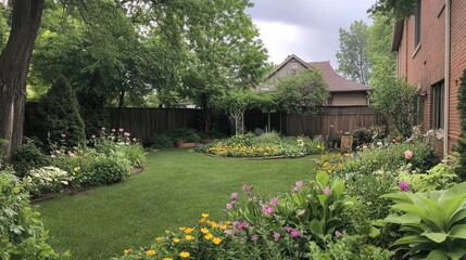 Lush Backyard Garden with Colorful Flowers and Greenery