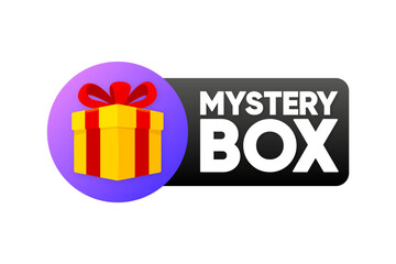 Mystery Giftbox label. Present secret surprise. Random secret loot box isometric concept. Vector illustration.