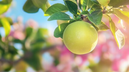 A close-up shot of a ripe green grapefruit hanging from a branch with sunlight shining through the leaves and the blurred background showing pink flowers.