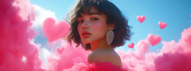 Fototapeta premium A stunning portrait of a beautiful girl immersed in fuchsia clouds, capturing a dreamy and whimsical atmosphere. Her striking features and vibrant surroundings create a charming and enchanting scene.