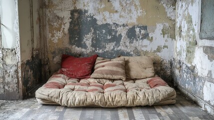 Worn Pillows and Mattress in an Abandoned Building 