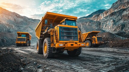 A mining operation featuring large dump trucks and shovels.
