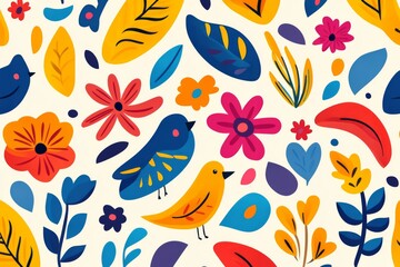 Naklejka premium A colorful floral pattern with birds and leaves. The birds are yellow and blue. The flowers are in various colors and sizes. Scene is cheerful and lively