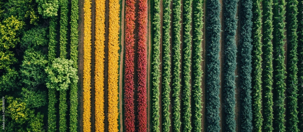 Poster aerial view of a farm field with rows of different colored crops.