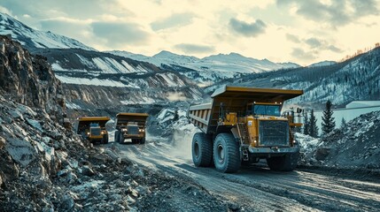 A mining operation featuring large dump trucks and shovels.