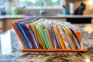 Coupon Organizer: A small, colorful organizer open on a kitchen counter, filled with categorized coupons for groceries and household items.