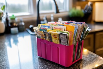Coupon Organizer: A small, colorful organizer open on a kitchen counter, filled with categorized coupons for groceries and household items.