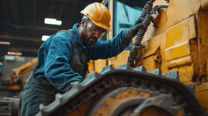 A technician repairing a bulldozer in a workshop environment.