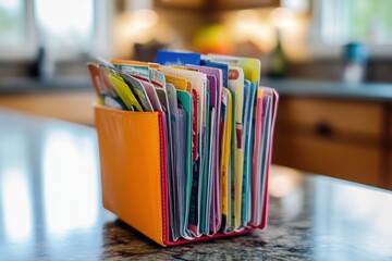 Coupon Organizer: A small, colorful organizer open on a kitchen counter, filled with categorized coupons for groceries and household items.