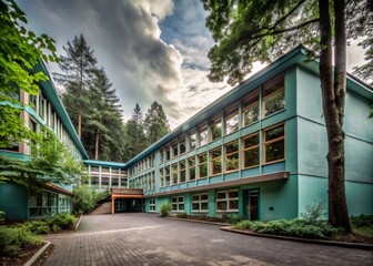 Obraz premium Inclusive Education: A Blue Building for Disabled Students in a Forest Setting