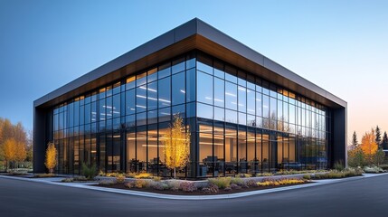 Obraz premium Contemporary office structure exterior featuring mirrored glass window