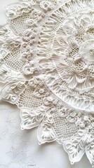 Delicate lace doily, white background, 4K hyperrealistic photo