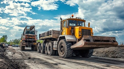 Obraz premium A scene showing heavy equipment being transported to a site.