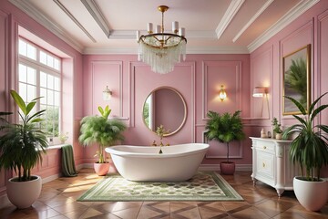 Fototapeta premium Indulge in a luxurious pink bathroom featuring a stunning bathtub and mirror, beautifully designed to elevate your space with elegance and