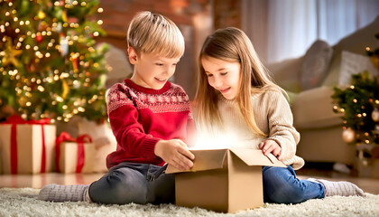 Kinder öffnen Weihnachtsgeschenk