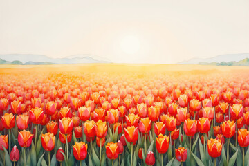 Sun shining over a field of red and orange tulips watercolor painting