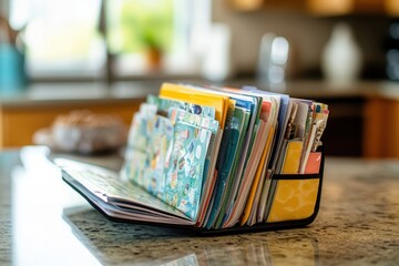 Coupon Organizer: A small, colorful organizer open on a kitchen counter, filled with categorized coupons for groceries and household items.