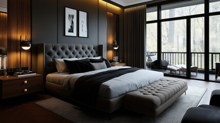 Modern luxury bedroom interior with dark tones, large upholstered bed, stylish bedside lamps, and a balcony view through floor-to-ceiling windows surrounded by trees.