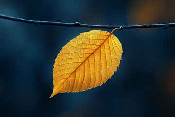 Vibrant orange leaf hanging on a branch during autumn afternoon
