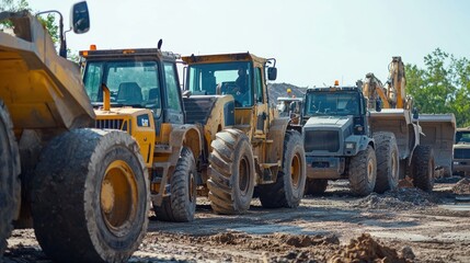 Fototapeta premium A lineup of various heavy equipment vehicles in a construction yard.