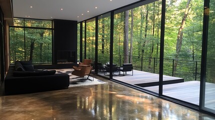 Fototapeta premium Modern Home Stained Concrete Flooring with Forest View