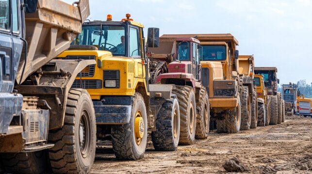 A lineup of various heavy equipment vehicles in a construction yard.