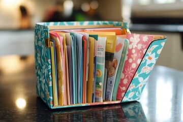 Coupon Organizer: A small, colorful organizer open on a kitchen counter, filled with categorized coupons for groceries and household items.