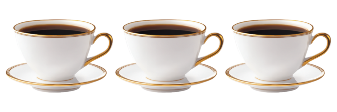 Three Cups of Coffee with Gold Trim and Saucers   Cafe  Drink  Morning  Breakfast  Beverag