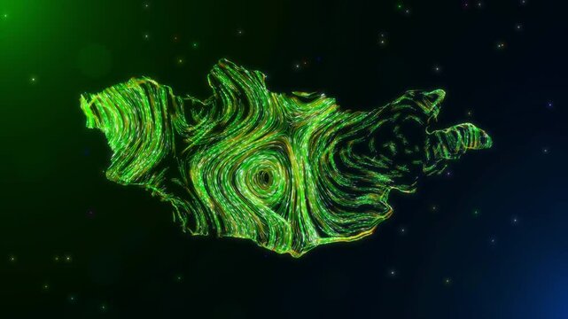 Abstract Motion View glowing map of the Mongolia, featuring swirling neon green and yellow Hairlines, set against combined green-blue and black backgrounds with scattered colorful particles