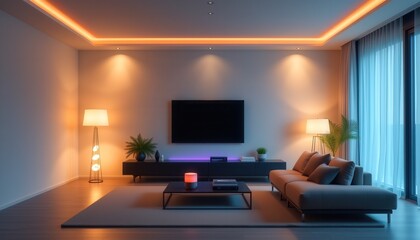 Fototapeta premium Modern Smart Home Living Room with Voice-Activated Assistant, Minimalist Design and Integrated Smart Devices, Tech Branding Space