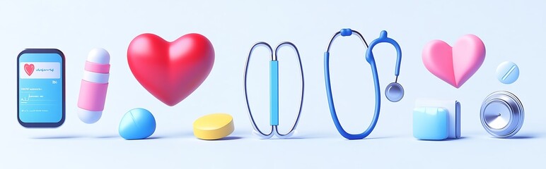 3D icons of a heart, stethoscope, and pills in a cartoon style