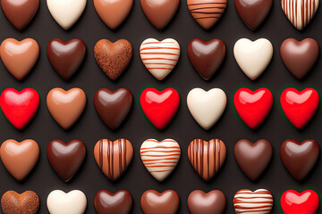 Obraz premium Colorful assortment of heart-shaped chocolates on a dark background.