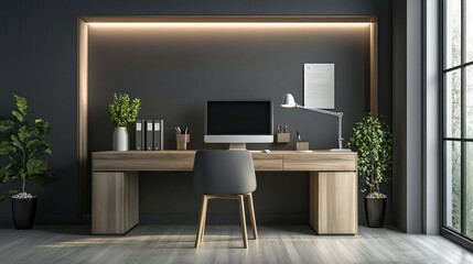 Minimalist home office setup with sleek furniture, cozy lighting, and personal touches, capturing creativity, lifestyle choices, and productivity in a business environment
