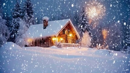 A snow-covered wooden cabin amidst a winter forest, with fireworks lighting up the dark sky in celebration.