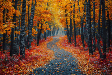 Obraz premium Autumn trail through a vibrant forest with colorful foliage