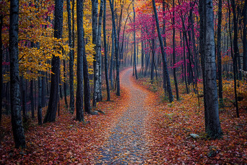 Obraz premium Vibrant autumn trail lined with colorful trees in a serene forest