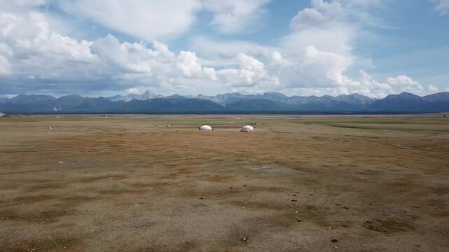 steppe, asia, drone, aerial shot, flycam, mountains, tents landscape, mongolia, nomad, wildlife