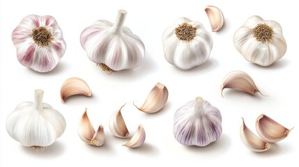 Fototapeta premium A collection of fresh garlic bulbs and cloves isolated on a white background.