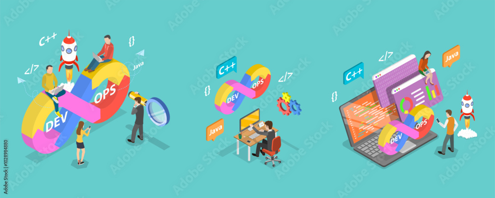 Poster 3d isometric flat vector illustration of devops, streamlineing development and operations processes