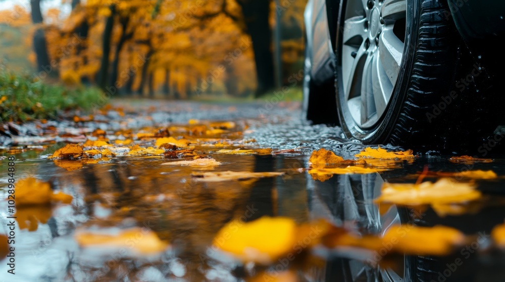 Poster a car drives through a puddle in the road on a fall day. the road is lined with trees with yellow le