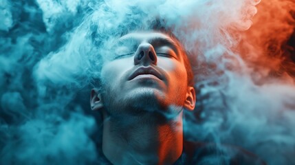 A close-up photo of a person's face with closed eyes, surrounded by colorful mist and illuminated by blue and orange lights, creating a surreal and dreamy atmosphere.