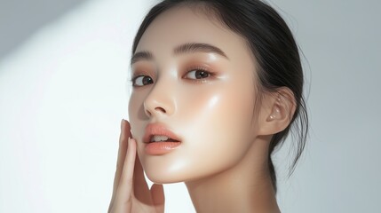 A portrait of a beautiful Asian woman showcasing smooth, clear skin. The image captures natural light to highlight her radiant glow and elegant expression. Perfect for beauty and skincare themes.